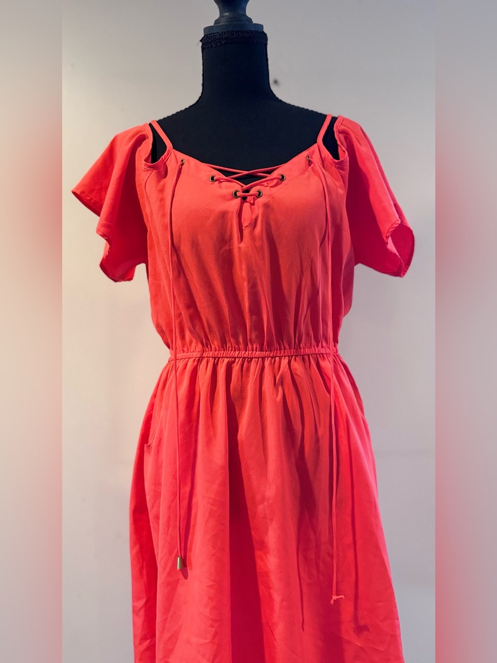 Speed Control Cold-Shoulder Lace-Up Day Dress in Coral